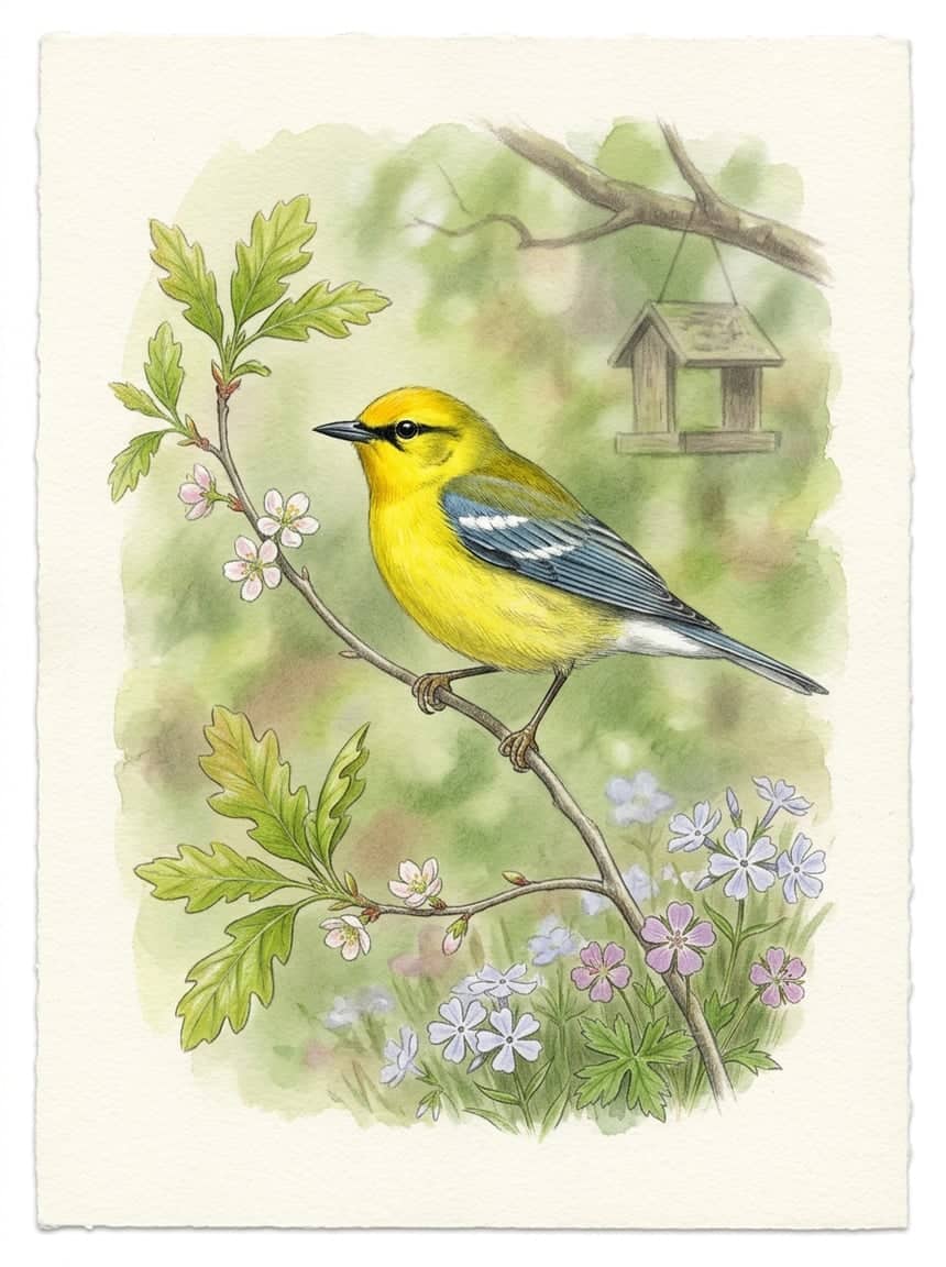 Male Blue-winged Warbler perched on a thin willow stem, showing bright yellow head, narrow black eye-line, and pale blue-gray wing panels clearly visible against dappled green foliage.