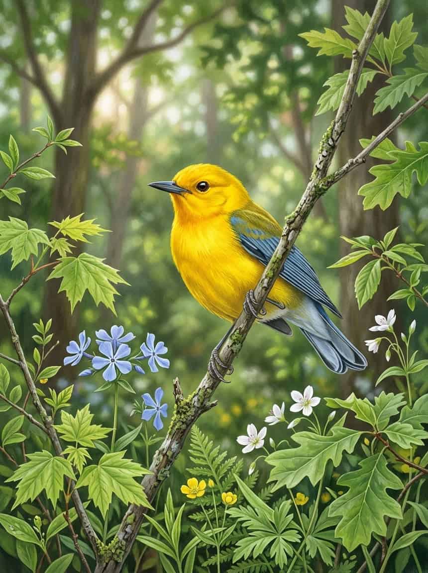 The Memorial Day Weekend Bird Watcher's Window: 12 Species You'll Only Catch This Week 9 Male Prothonotary Warbler perched on a mossy cypress knee above dark swamp water, bright golden-yellow head and breast glowing against dark gray wings and shadowed water below.