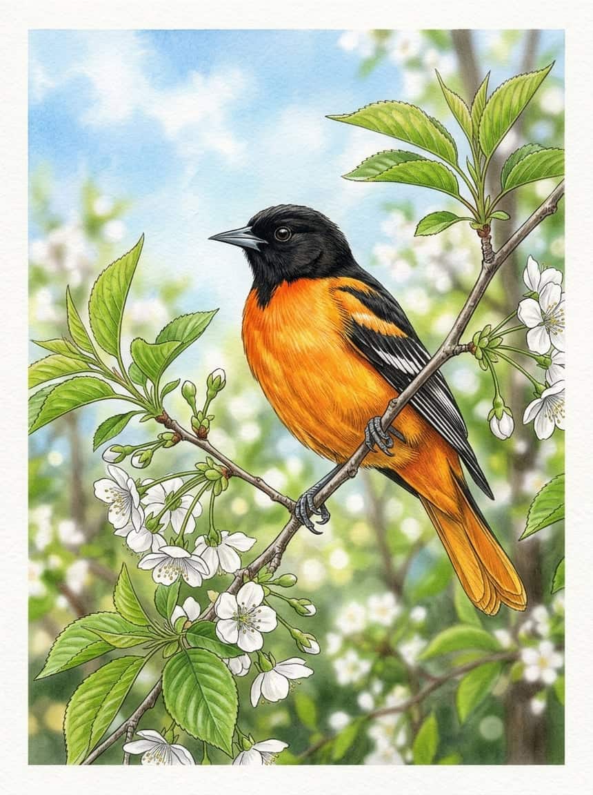 Male Baltimore Oriole perched on an elm branch surrounded by clusters of small white blossoms, flame-orange breast and black hood sharply contrasting against pale spring flowers.