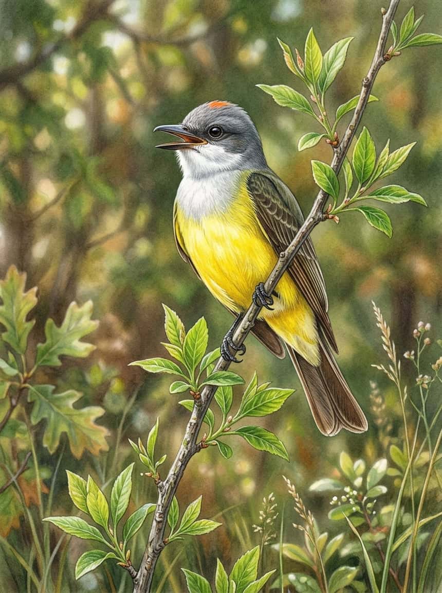 Cassin's Kingbird perched upright on a wooden fencepost, slate-gray back and clean yellow belly visible, with open grassland and scattered oaks receding into the background.