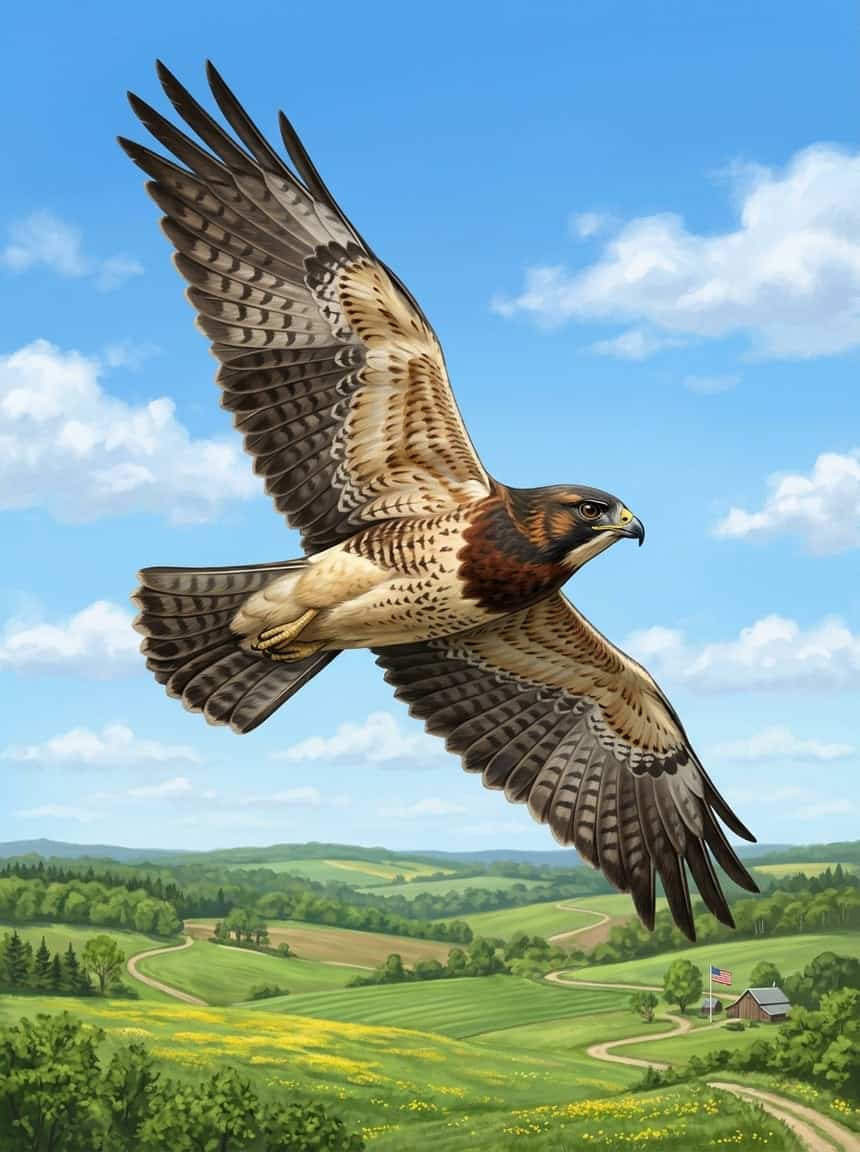 Swainson's Hawk soaring on a thermal above short-grass prairie, two-toned underwing pattern clearly visible with dark flight feathers contrasting pale inner wing, against a bright blue sky.