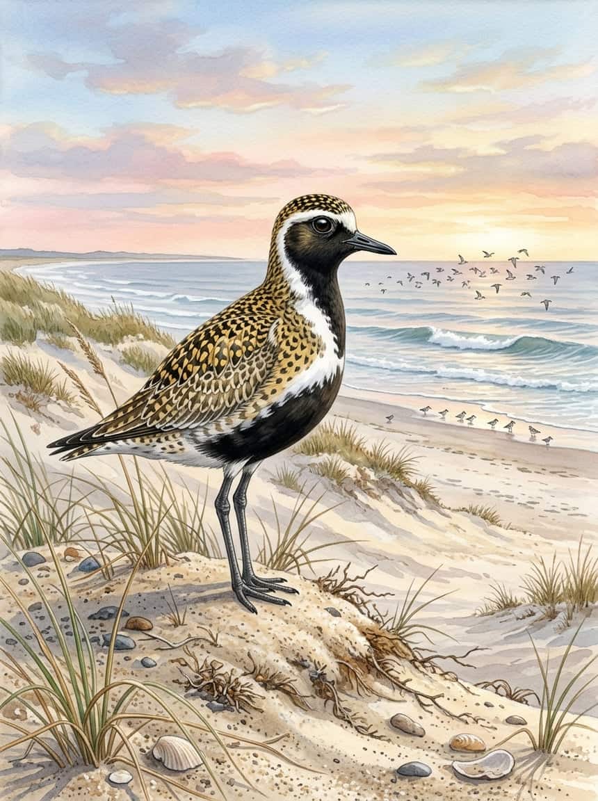 American Golden-Plover standing on a sandy tidal flat at low tide, bold gold-spangled back and crisp black underparts visible, head held upright in alert posture with shallow water reflecting dawn light behind.