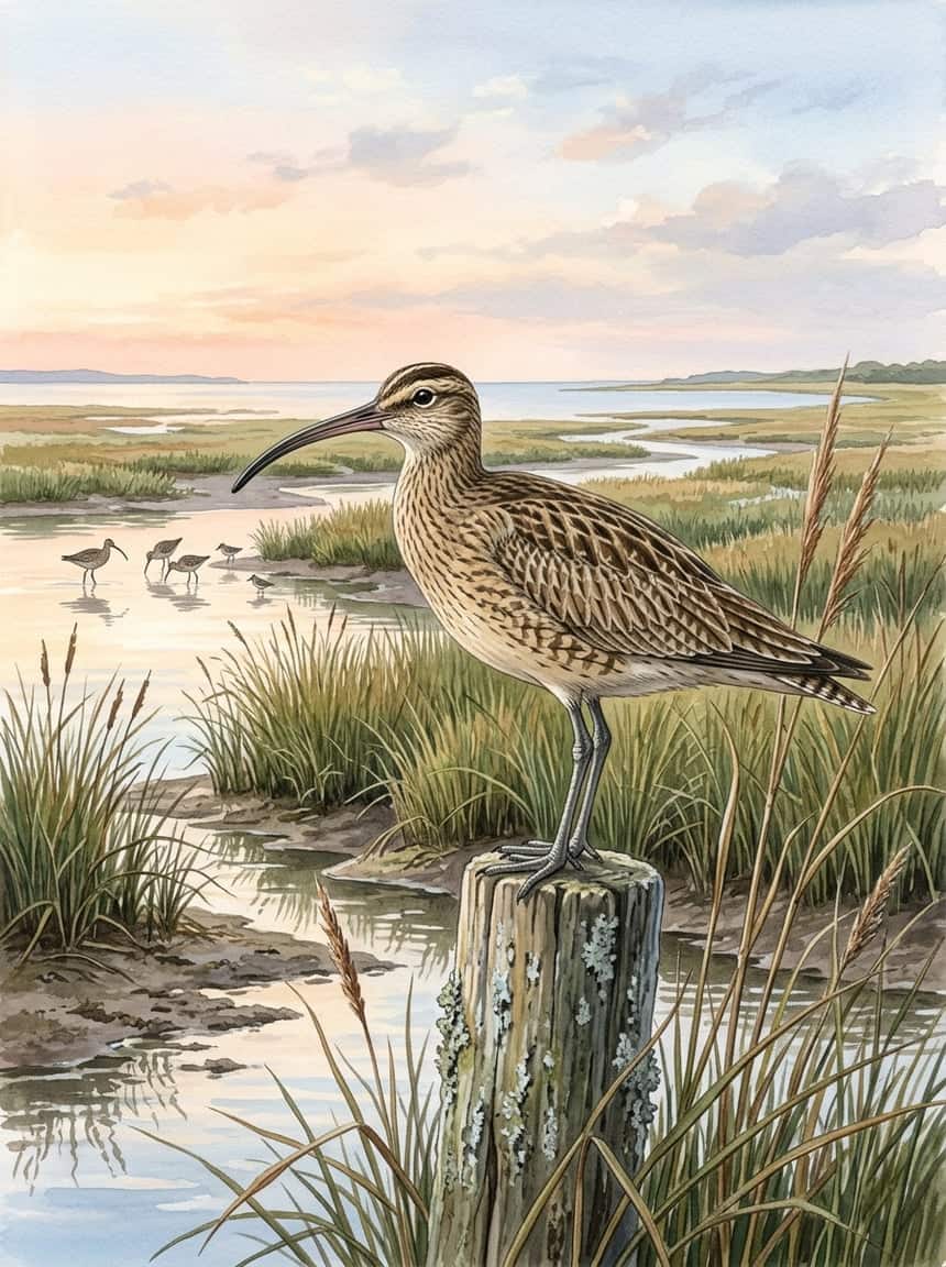 Whimbrel standing at the edge of a spartina marsh channel, long downcurved bill probing exposed mud, with warm sunrise light catching the cinnamon-buff tones of the rump and flanks.