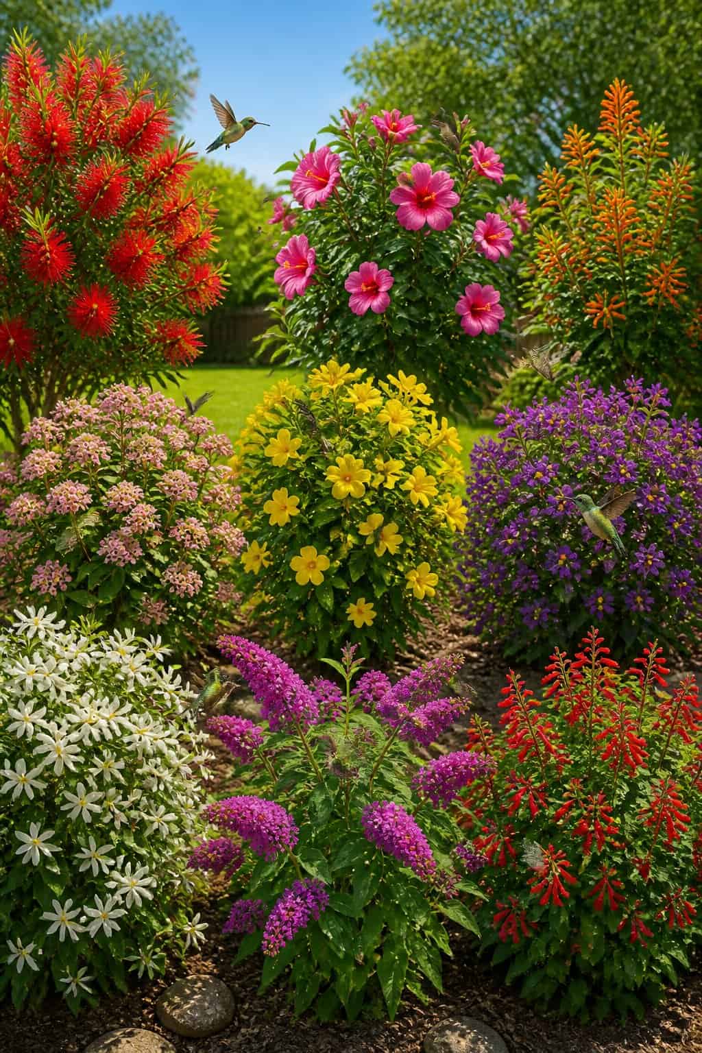 9 Flowering Shrubs That Turn a Boring Yard Into a Hummingbird Highway by June 1 A sun-drenched garden border packed with red and pink tubular flowering shrubs, with multiple hummingbirds hovering mid-air at the blooms.
