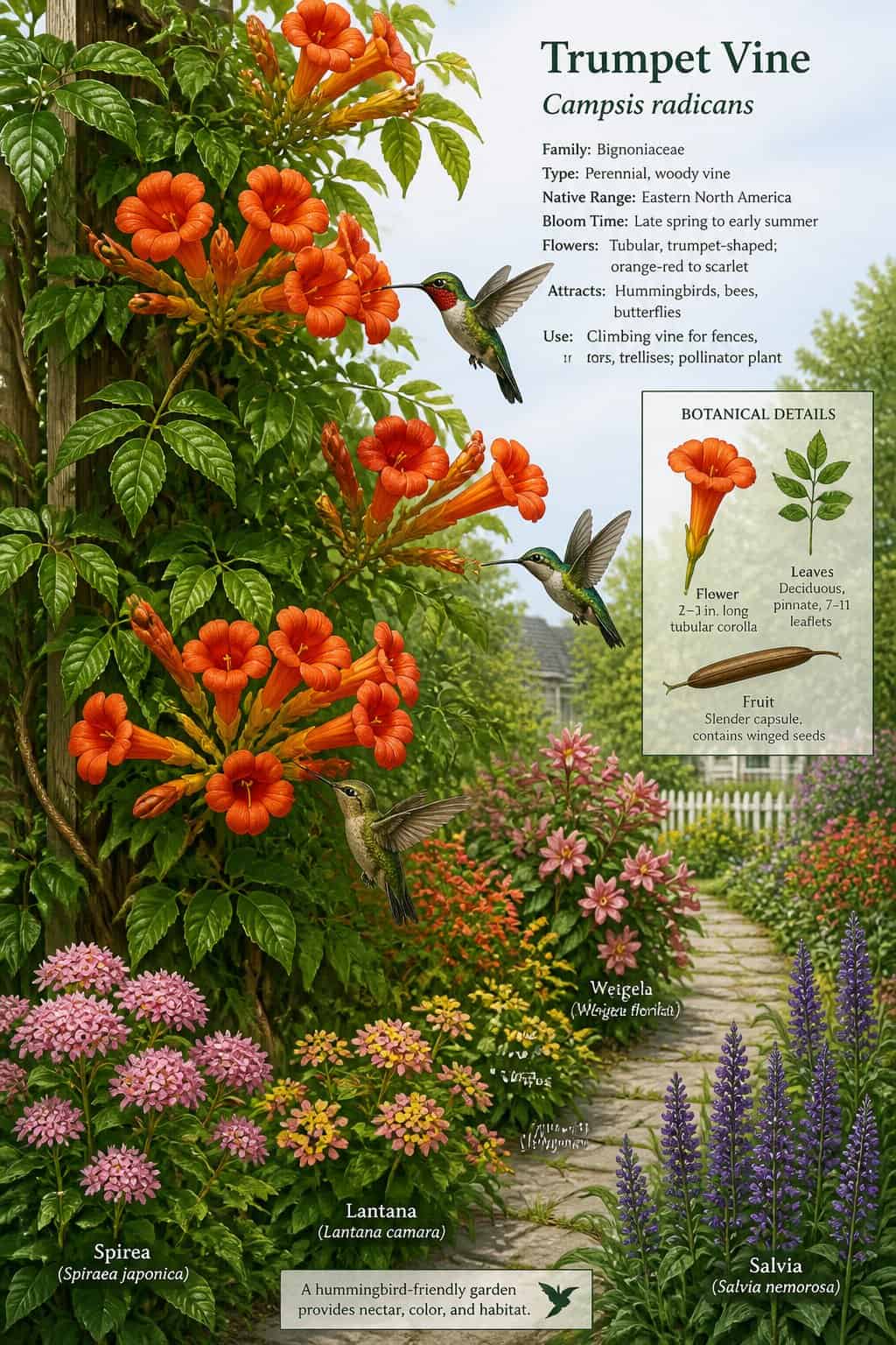 9 Flowering Shrubs That Turn a Boring Yard Into a Hummingbird Highway by June 4 Clusters of bright orange-red trumpet-shaped flowers cascading along a wooden fence, with hummingbirds visible in flight near the open blooms.