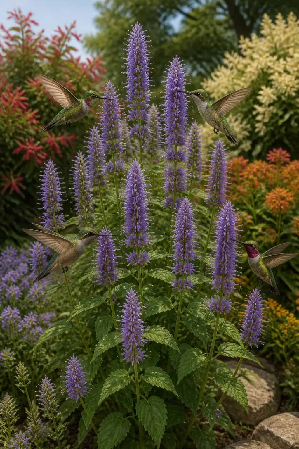 9 Flowering Shrubs That Turn a Boring Yard Into a Hummingbird Highway by June 14 A clumping perennial hummingbird mint plant covered in dense purple-pink flower spikes, with two hummingbirds hovering at separate spikes in a sunny pollinator bed.