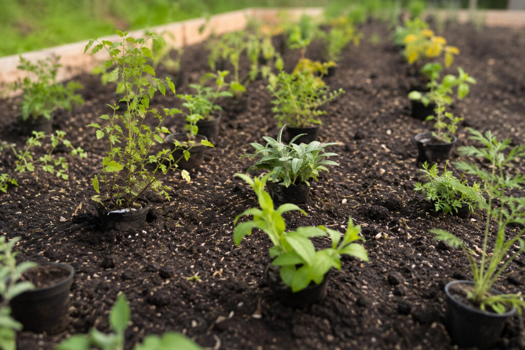 native plant seedlings arranged in reverse planting grid in garden bed