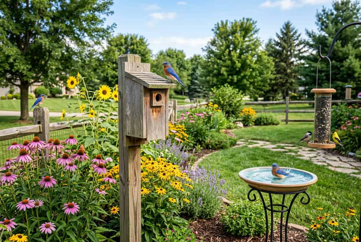 How to Attract Bluebirds to Your Yard 1 A backyard garden with a wooden bluebird nest box on a post, two bluebirds perched near the entrance, a shallow birdbath, and clusters of native flowering plants under a clear blue sky.