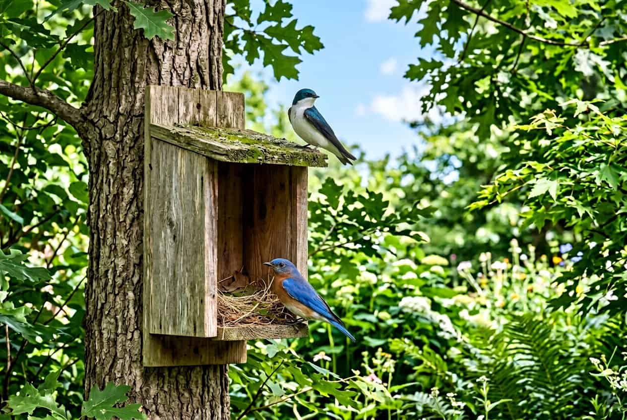 How to Attract Bluebirds to Your Yard 3 An open-front wooden nest box nailed to a tree trunk, with two bluebirds perched on a nearby branch in a sunlit garden setting.