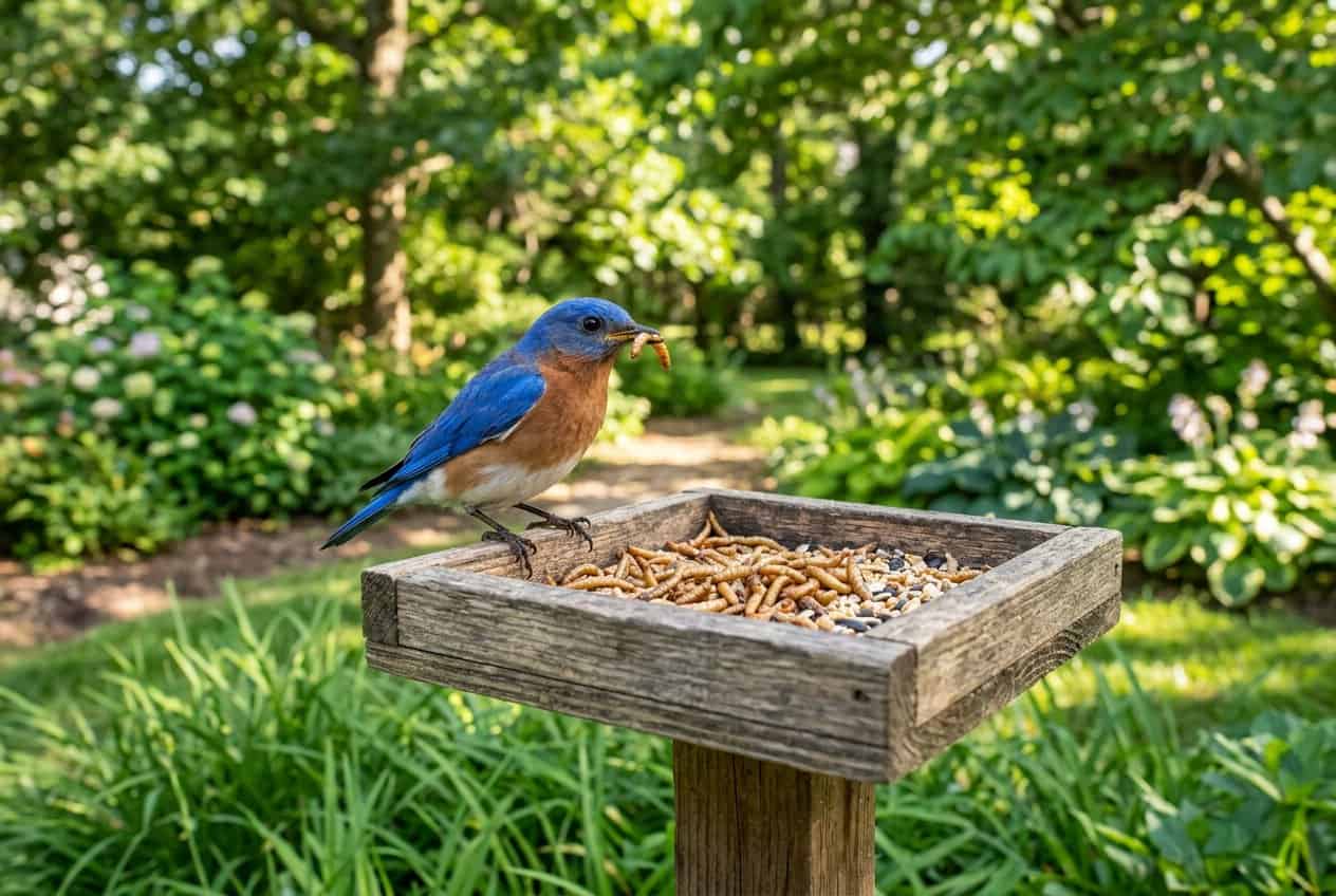 How to Attract Bluebirds to Your Yard 4 A male Eastern Bluebird with vivid blue plumage perched on the rim of a low cedar platform feeder, picking live mealworms from a shallow white ceramic dish set in a sunny backyard.
