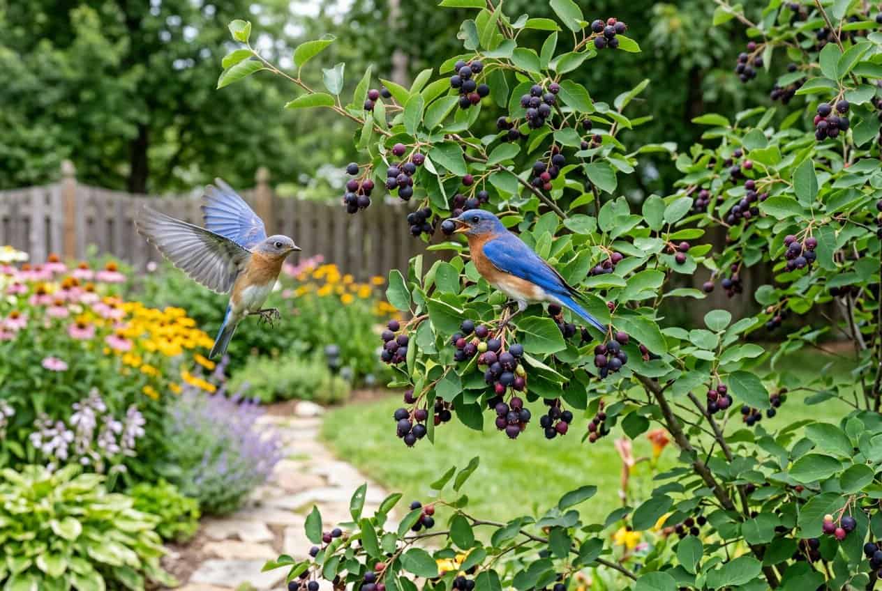 How to Attract Bluebirds to Your Yard 5 A multi-stemmed serviceberry shrub covered in clusters of small dark purple-red berries, with two bluebirds perched among the branches in a sunny backyard garden.
