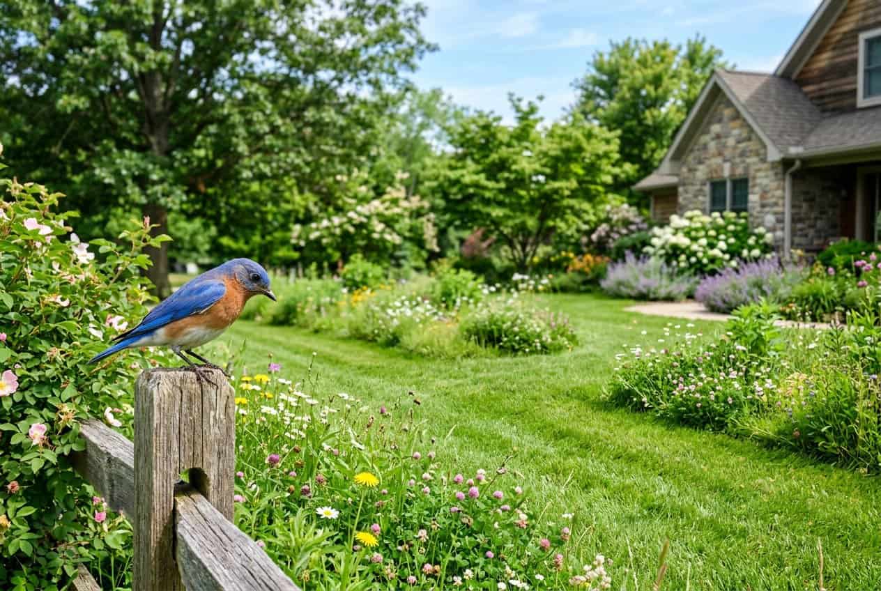 How to Attract Bluebirds to Your Yard 6 A female Eastern Bluebird standing in a short-mown patch of pale green lawn with a row of mature shade trees visible along the yard's back edge.
