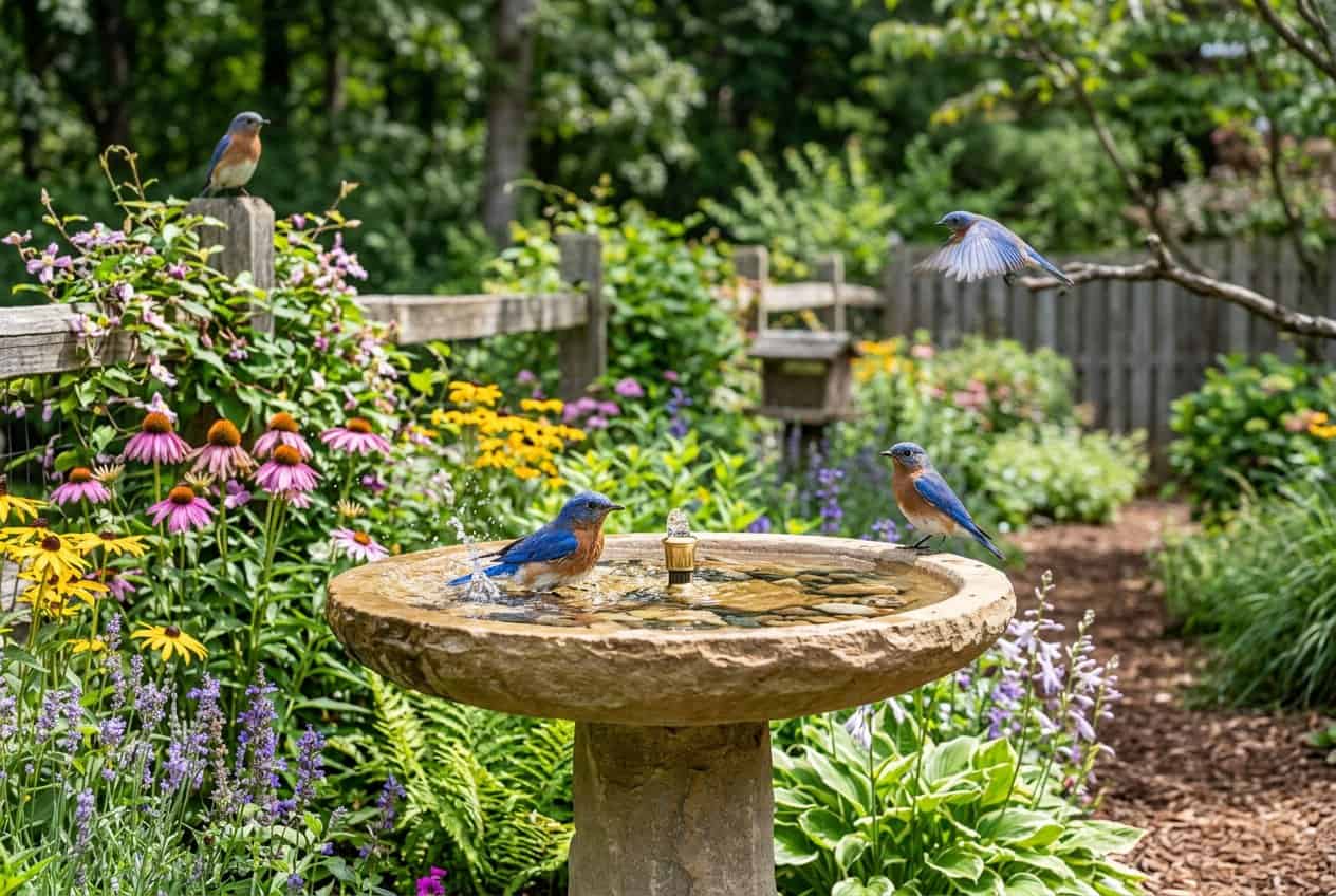 How to Attract Bluebirds to Your Yard 7 A shallow terra cotta birdbath with a small solar-powered bubbler creating gentle ripples on the surface, surrounded by low green perennial plants with two bluebirds wading at the edge.