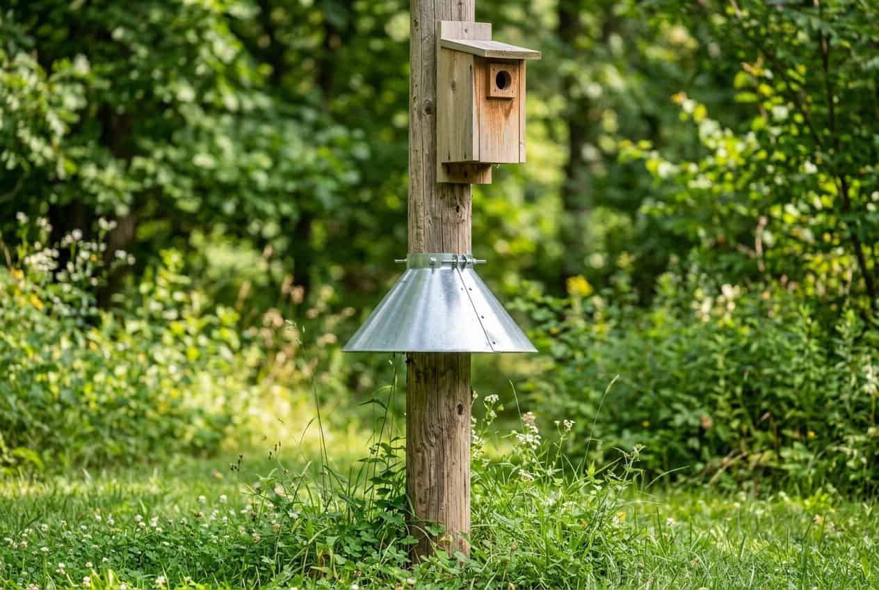 How to Attract Bluebirds to Your Yard 8 A smooth metal nest pole in a grassy yard with a wide cone-shaped metal predator baffle mounted below a wooden bluebird box, with trees visible in the soft-focus background.