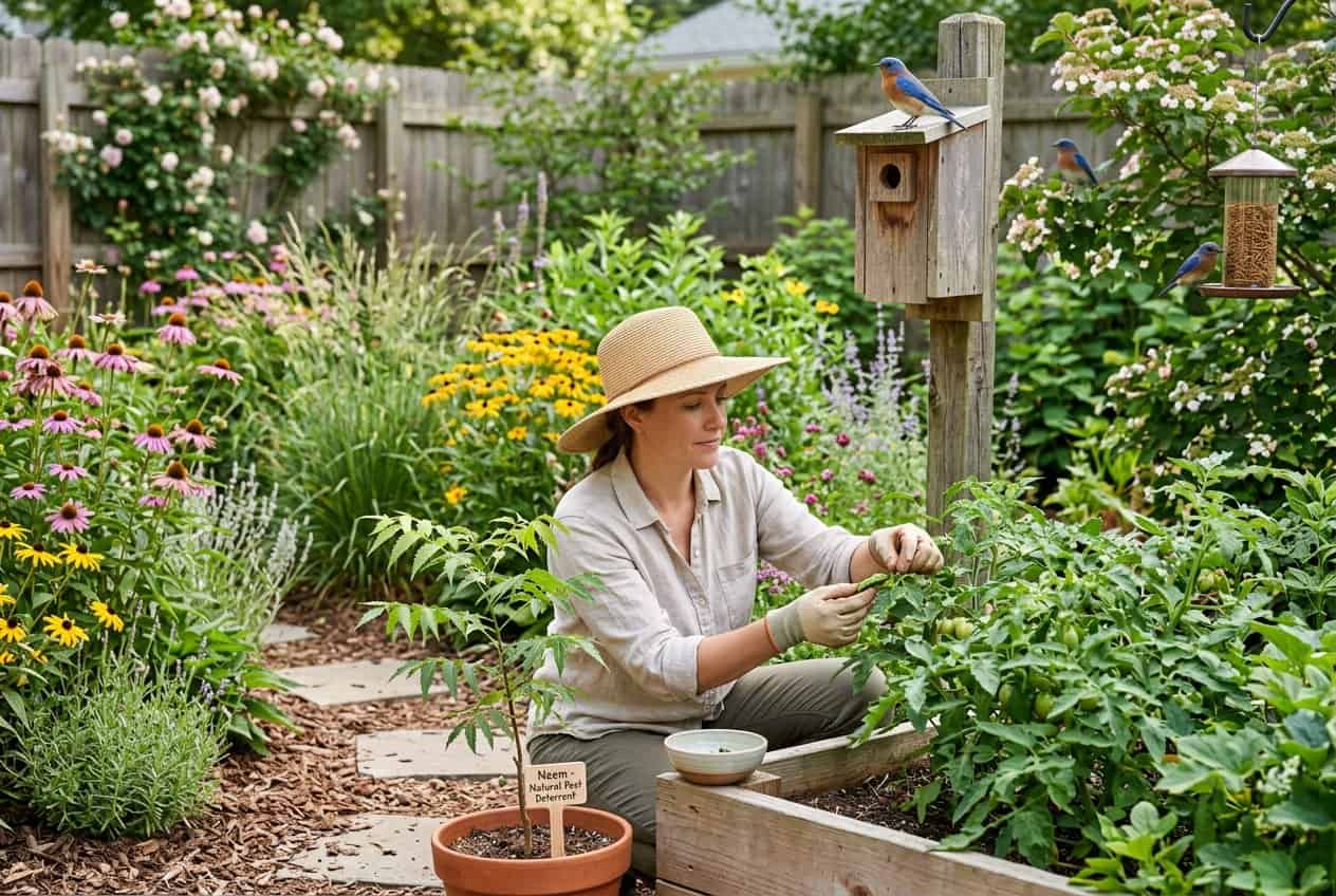 How to Attract Bluebirds to Your Yard 9 A person's hands carefully removing a large caterpillar from a green leafy plant stem in a garden, with bluebird nest boxes and perched birds visible in the soft-focus background.