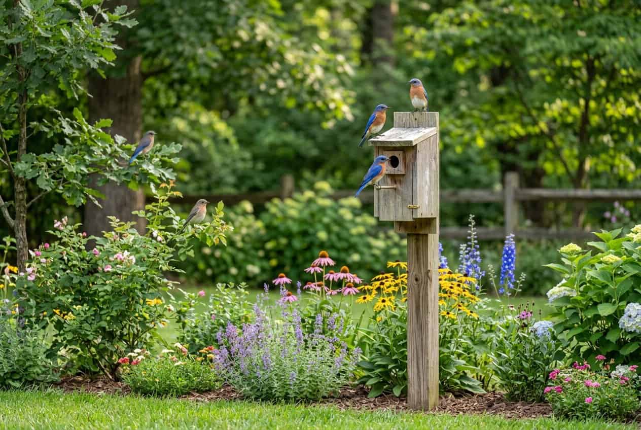 How to Attract Bluebirds to Your Yard 10 A backyard garden scene with a cedar bluebird house on a post and three bluebirds perched nearby among leafy green shrubs and small yellow and white flowering plants.