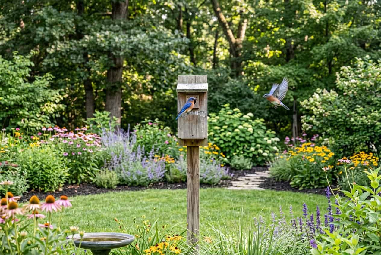 How to Attract Bluebirds to Your Yard 11 A backyard garden with two wooden bluebird houses on separate posts, bluebirds perched on each and one in mid-flight, set against a lawn with low native flowering groundcover.