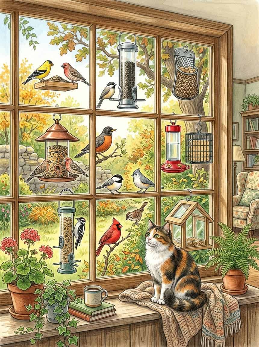 7 Window Bird Feeders Your Cat Will Stare at All Day (Safely) 1 A cat watches birds feeding on seven different bird feeders attached to a window.