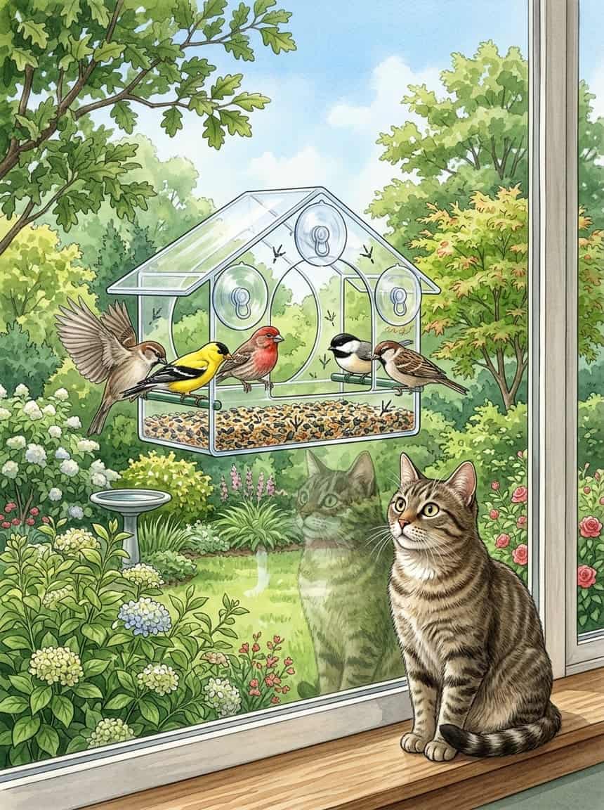 7 Window Bird Feeders Your Cat Will Stare at All Day (Safely) 2 A cat watches small birds eating on a suction-cup platform feeder attached to a window, with a garden visible outside.
