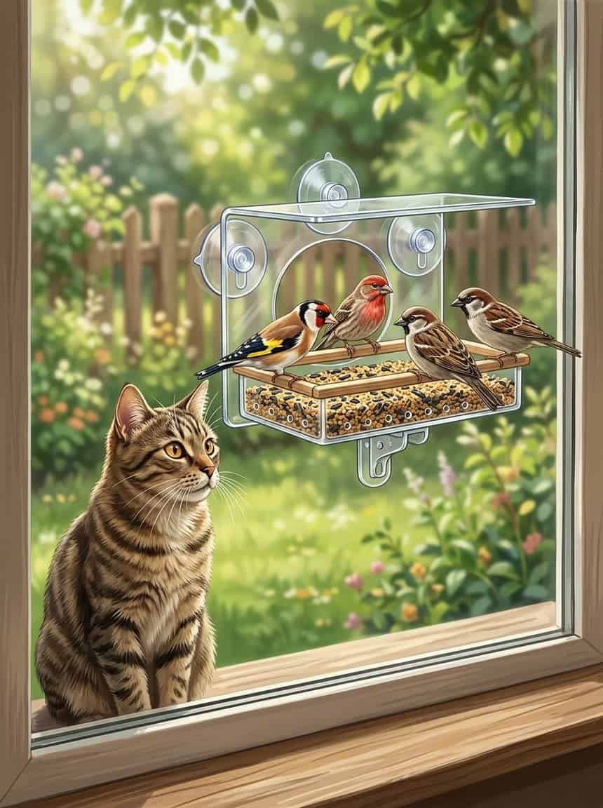 7 Window Bird Feeders Your Cat Will Stare at All Day (Safely) 3 A cat watches birds eating from a tray-style window bird feeder attached to a window.