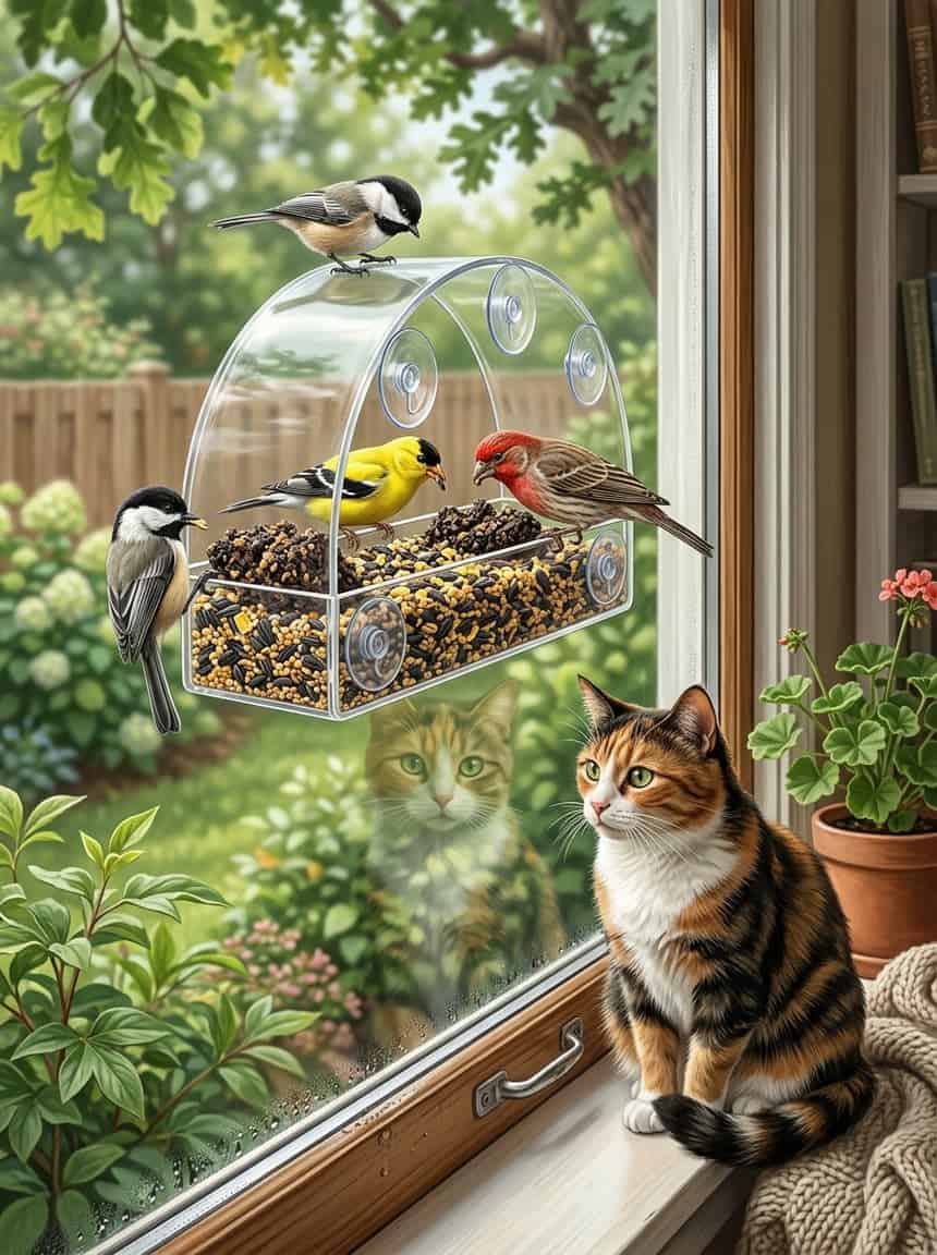 7 Window Bird Feeders Your Cat Will Stare at All Day (Safely) 5 A seed-and-suet half-dome window bird feeder attached to a window with small birds feeding on it outside, and a cat watching the birds from inside on the windowsill.
