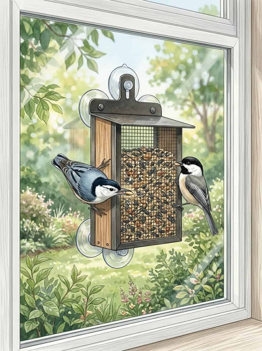 7 Window Bird Feeders Your Cat Will Stare at All Day (Safely) 7 A mesh window bird feeder attached to a glass window with a nuthatch and a chickadee feeding on seeds, with a garden visible outside.