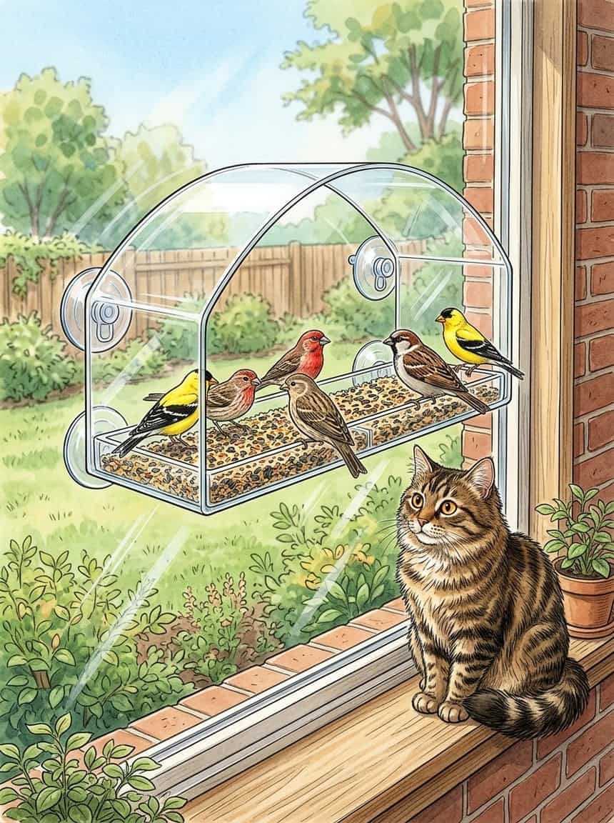 7 Window Bird Feeders Your Cat Will Stare at All Day (Safely) 8 A cat watches birds feeding on a window-mounted tray with a transparent protective shield outside the window.