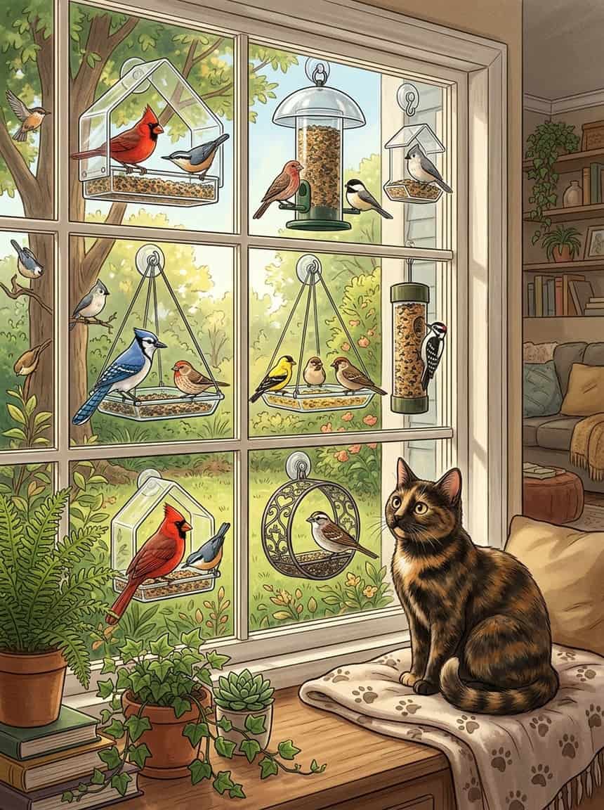 7 Window Bird Feeders Your Cat Will Stare at All Day (Safely) 9 A cat watches birds feeding on seven different window bird feeders attached to a window.