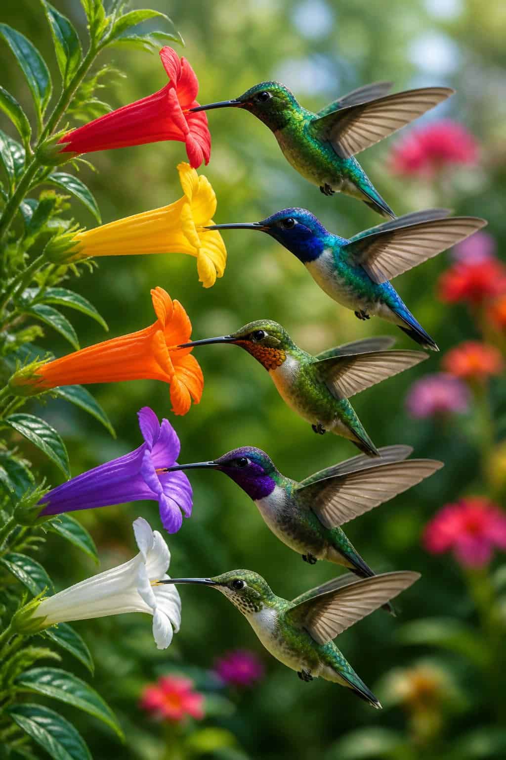 Five hummingbirds hovering at tubular blooms in coral, purple, orange, yellow, and white against a lush green garden backdrop.