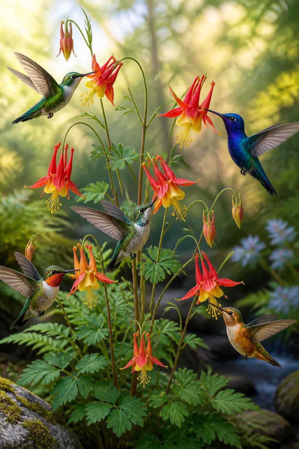 Nodding red and yellow columbine blooms with long backward-facing spurs, surrounded by soft green compound foliage in dappled shade.