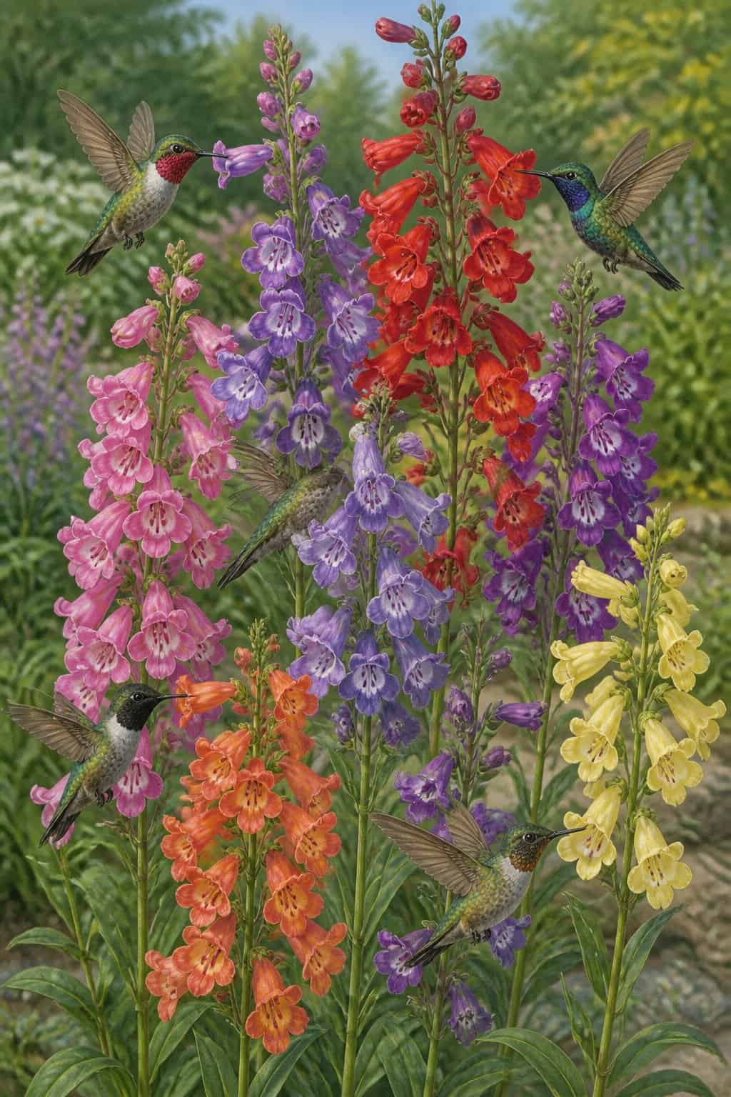 5 Flower Tubes Hummingbirds Visit More Than Red Ones (The Color Myth, Debunked) 3 Upright spikes of pale white tubular penstemon blooms with deep burgundy-red foliage and stems rising from a sunny garden bed.