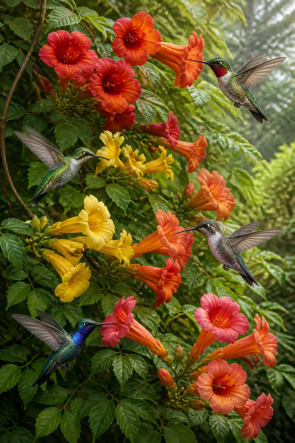 Large orange trumpet-shaped campsis blooms hanging in loose clusters from woody vines against a weathered wooden fence in late summer sun.