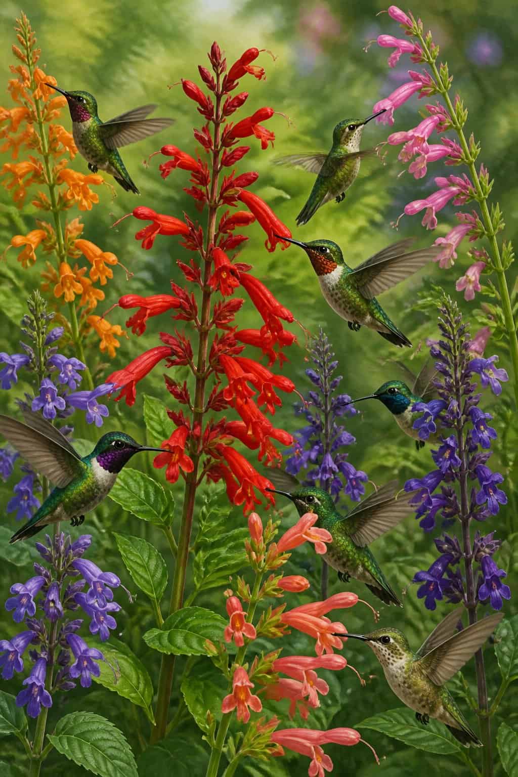 Slender bright red salvia spikes with small tubular florets opening along upright stems, surrounded by dark green foliage in a sunny border.