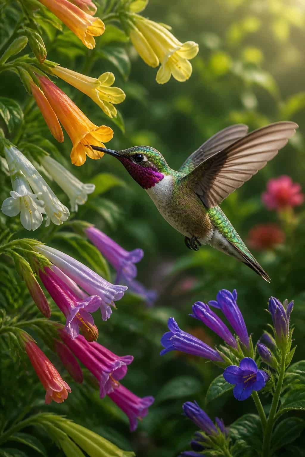 A ruby-throated hummingbird hovering in front of a cluster of orange tubular flowers, wings blurred, bill angled toward the bloom opening.