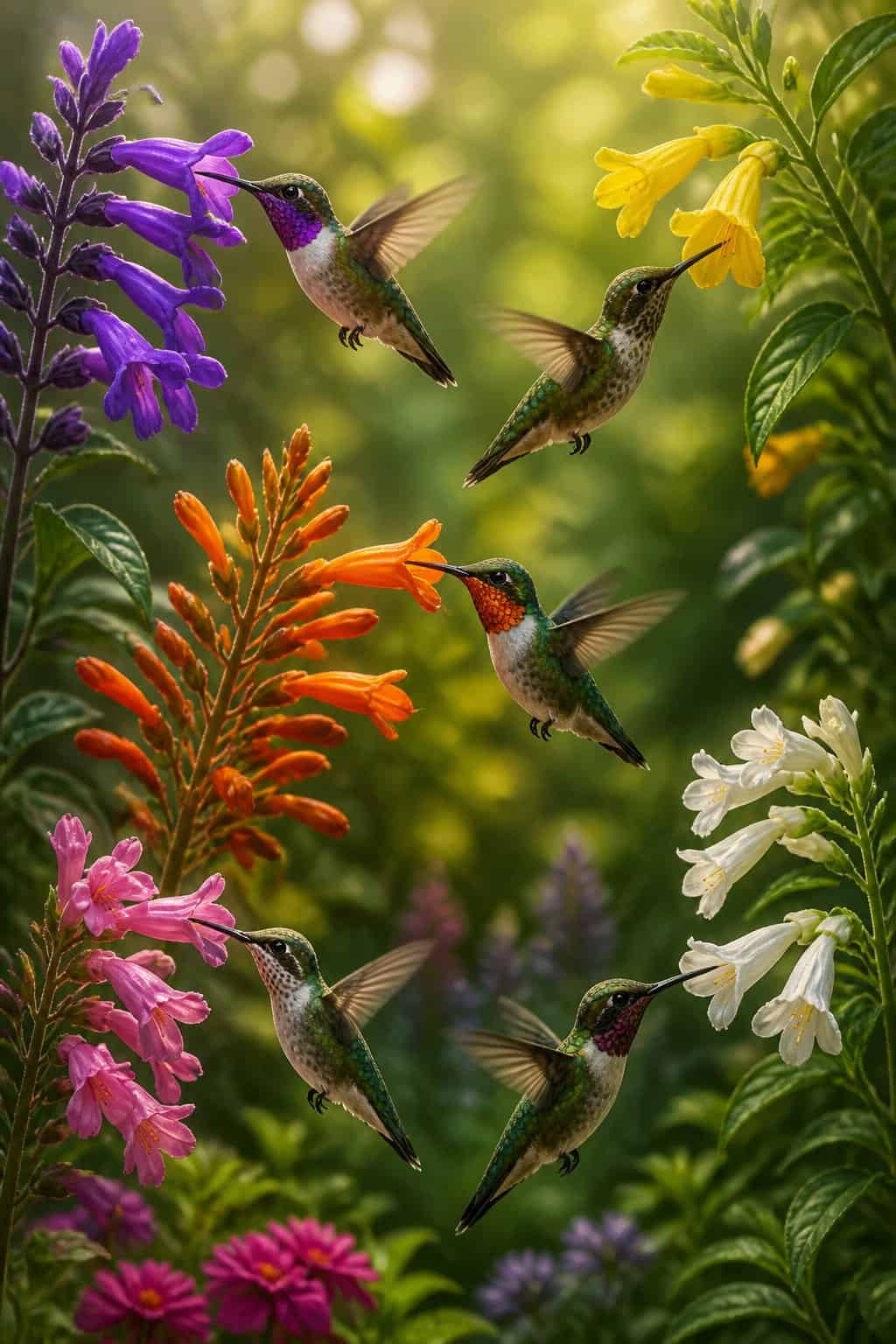 Five different tubular flowers in coral, purple, white, orange, and yellow arranged side by side in a garden bed with soft natural light.