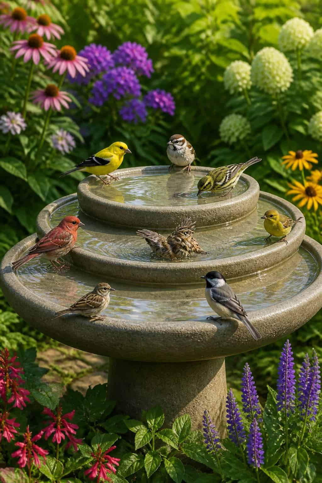 13 Birdbath Upgrades That Make Songbirds Choose Your Yard Over the Neighbor's 2 A shallow tiered stone birdbath with small sparrows wading in graduated basins edged by green ferns and low flowering plants