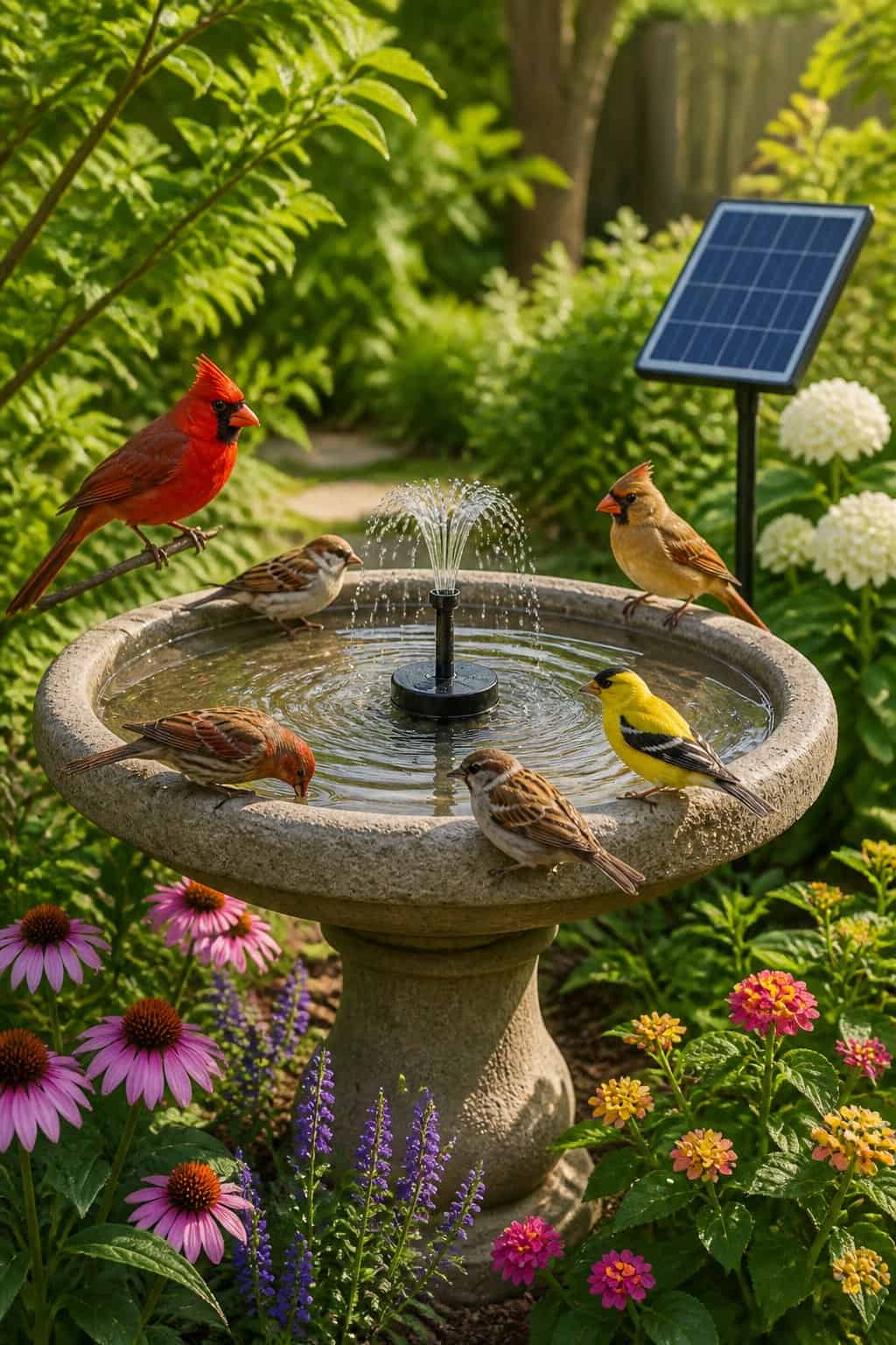 13 Birdbath Upgrades That Make Songbirds Choose Your Yard Over the Neighbor's 4 A concrete birdbath with a small solar-powered fountain head sending a gentle arc of water upward, surrounded by visiting finches and dense green shrubs