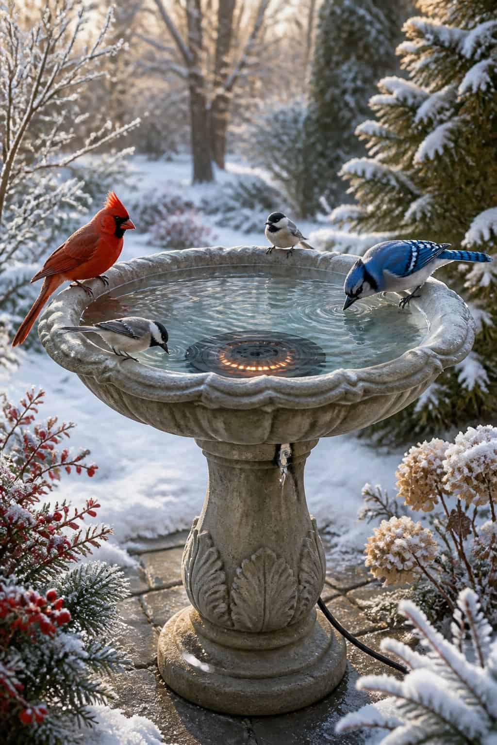 13 Birdbath Upgrades That Make Songbirds Choose Your Yard Over the Neighbor's 6 A wide ceramic birdbath with visible steam rising from unfrozen water on a snow-dusted winter morning, with a dark-eyed junco perched at the rim