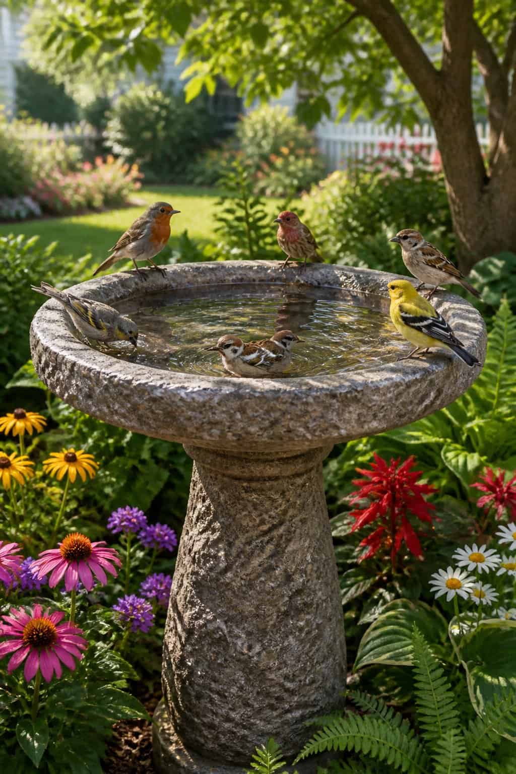 13 Birdbath Upgrades That Make Songbirds Choose Your Yard Over the Neighbor's 8 A close view of a rough-textured stone birdbath basin in warm gray tones with a house finch standing confidently at the wet edge