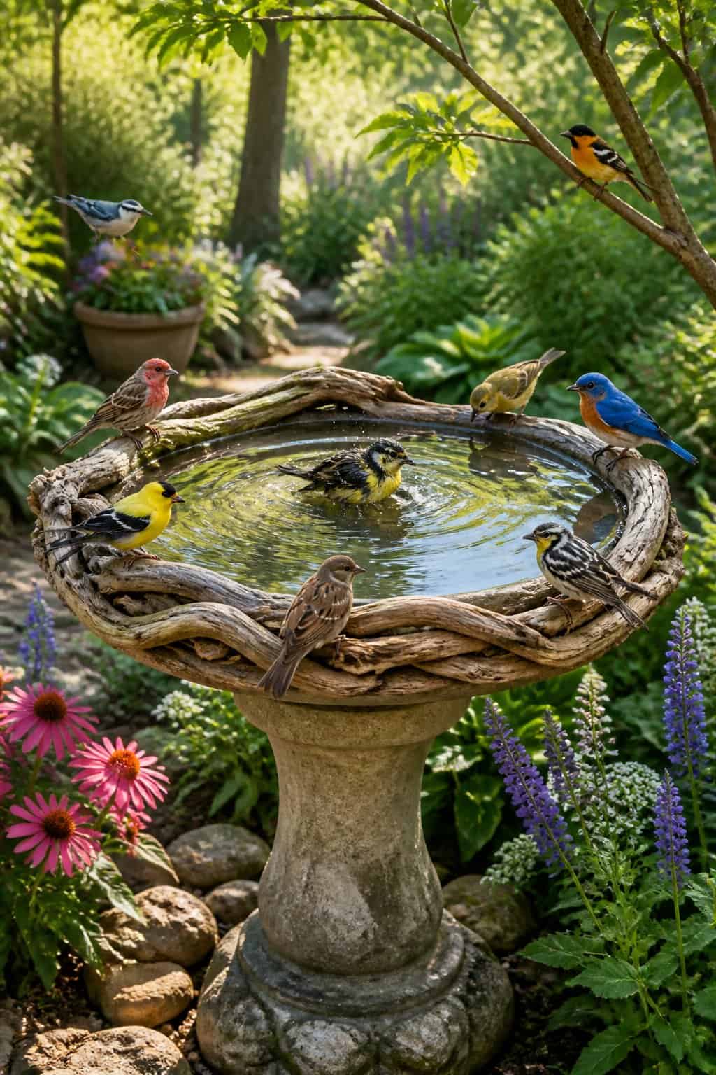 13 Birdbath Upgrades That Make Songbirds Choose Your Yard Over the Neighbor's 10 A ceramic birdbath with a curved gray driftwood ring resting along the rim, a Carolina wren perched mid-hop above the water surface