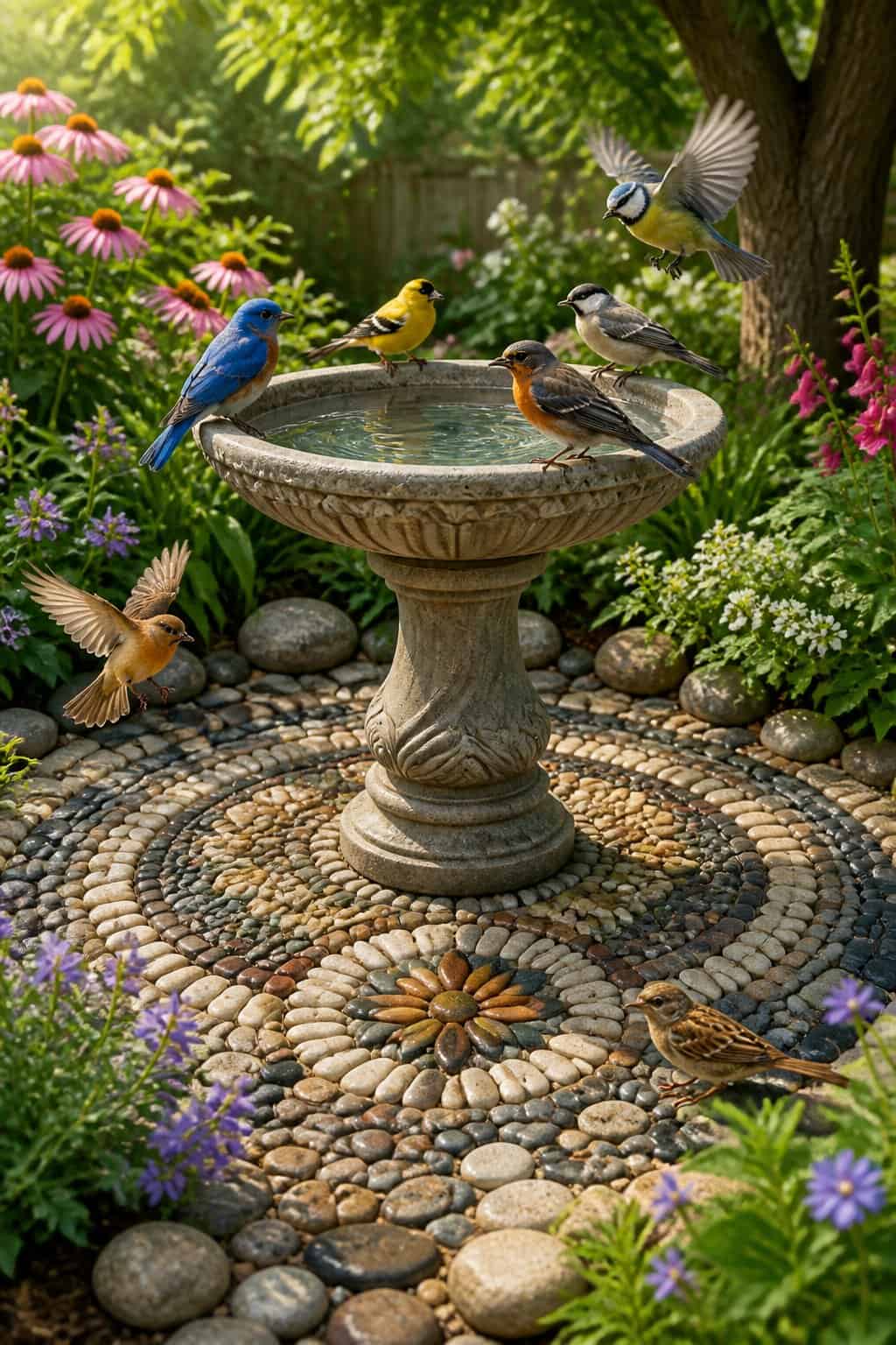 13 Birdbath Upgrades That Make Songbirds Choose Your Yard Over the Neighbor's 11 A wide shallow birdbath tray lined with smooth river pebbles in gray, tan, and rust tones with a white-throated sparrow testing the stones at the water's edge