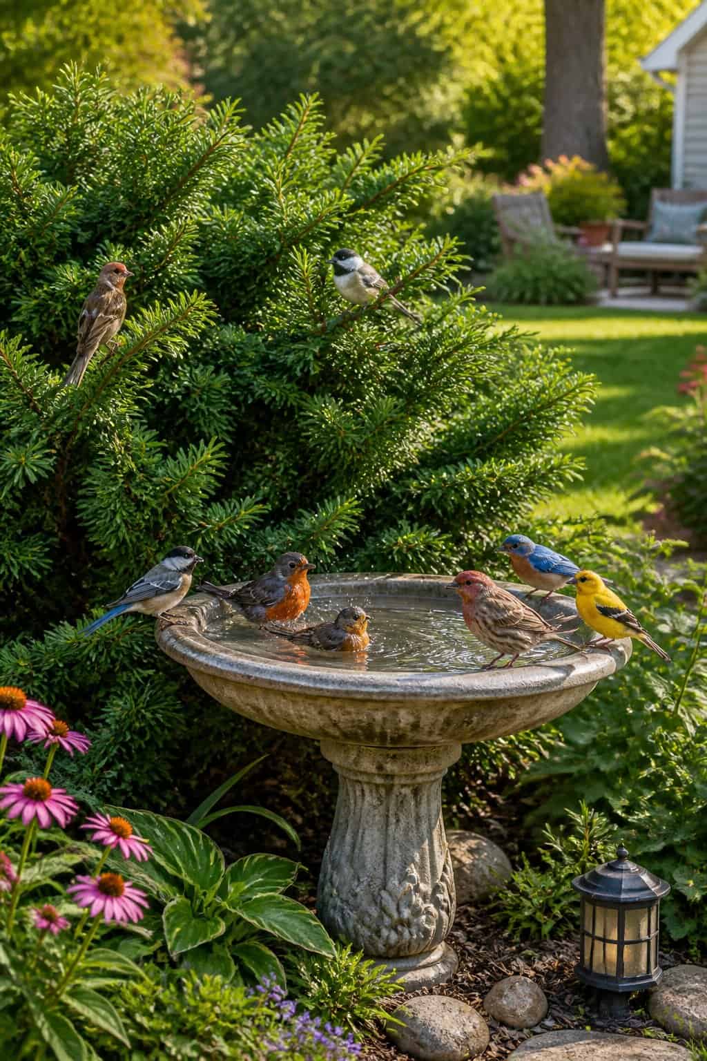 13 Birdbath Upgrades That Make Songbirds Choose Your Yard Over the Neighbor's 15 A compact boxwood hedge about three feet tall planted in a curved row behind a stone birdbath, with a song sparrow slipping between the branches