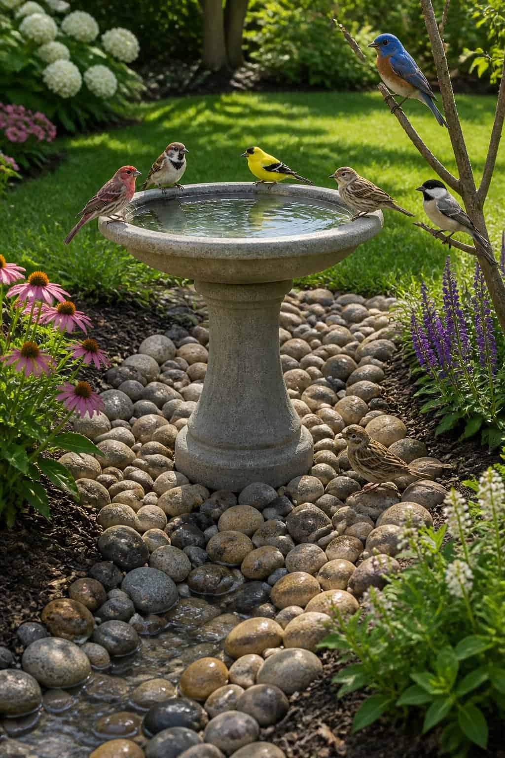 13 Birdbath Upgrades That Make Songbirds Choose Your Yard Over the Neighbor's 18 A birdbath base surrounded by a ring of tan pea gravel sloping away from a drainage hole, with a chipping sparrow standing at the water's edge in dappled light