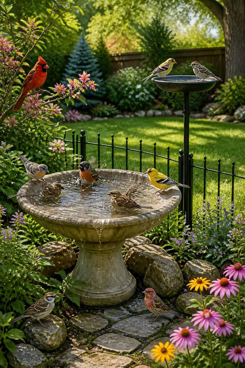13 Birdbath Upgrades That Make Songbirds Choose Your Yard Over the Neighbor's 20 A glazed terracotta drinking tray mounted on a metal pole at about four feet height, with a chestnut-sided warbler perched at the shallow rim in a sunny garden