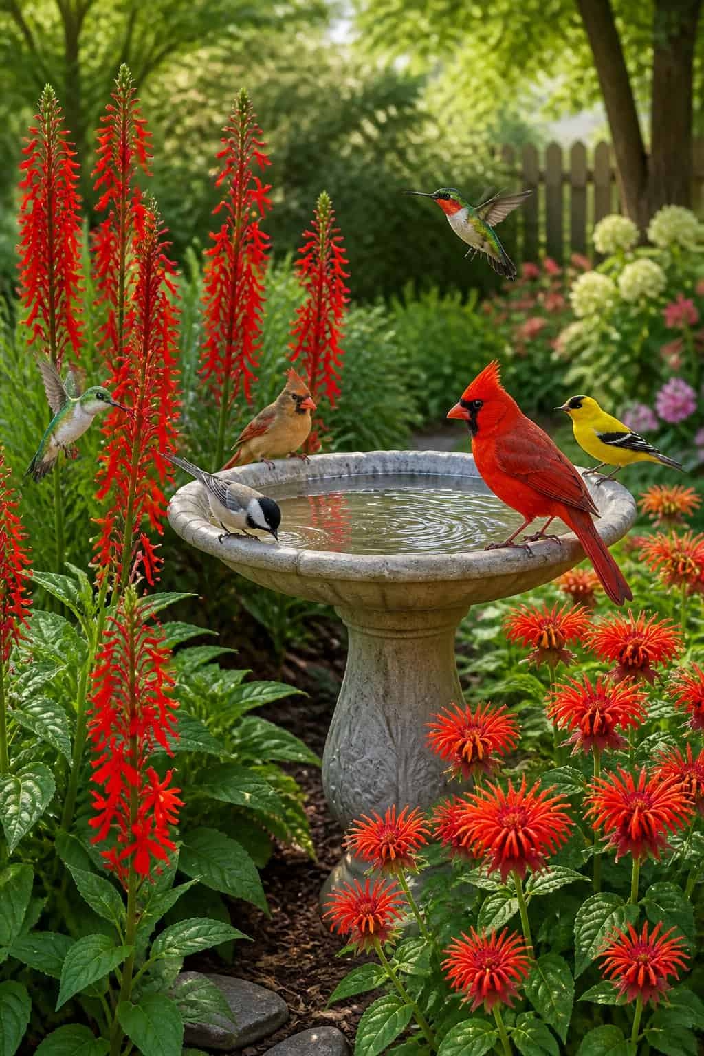 13 Birdbath Upgrades That Make Songbirds Choose Your Yard Over the Neighbor's 22 A backyard birdbath edged by tall cardinal flower in deep red and bee balm in bright magenta, with a ruby-throated hummingbird hovering at the blooms and an oriole visible in the background foliage