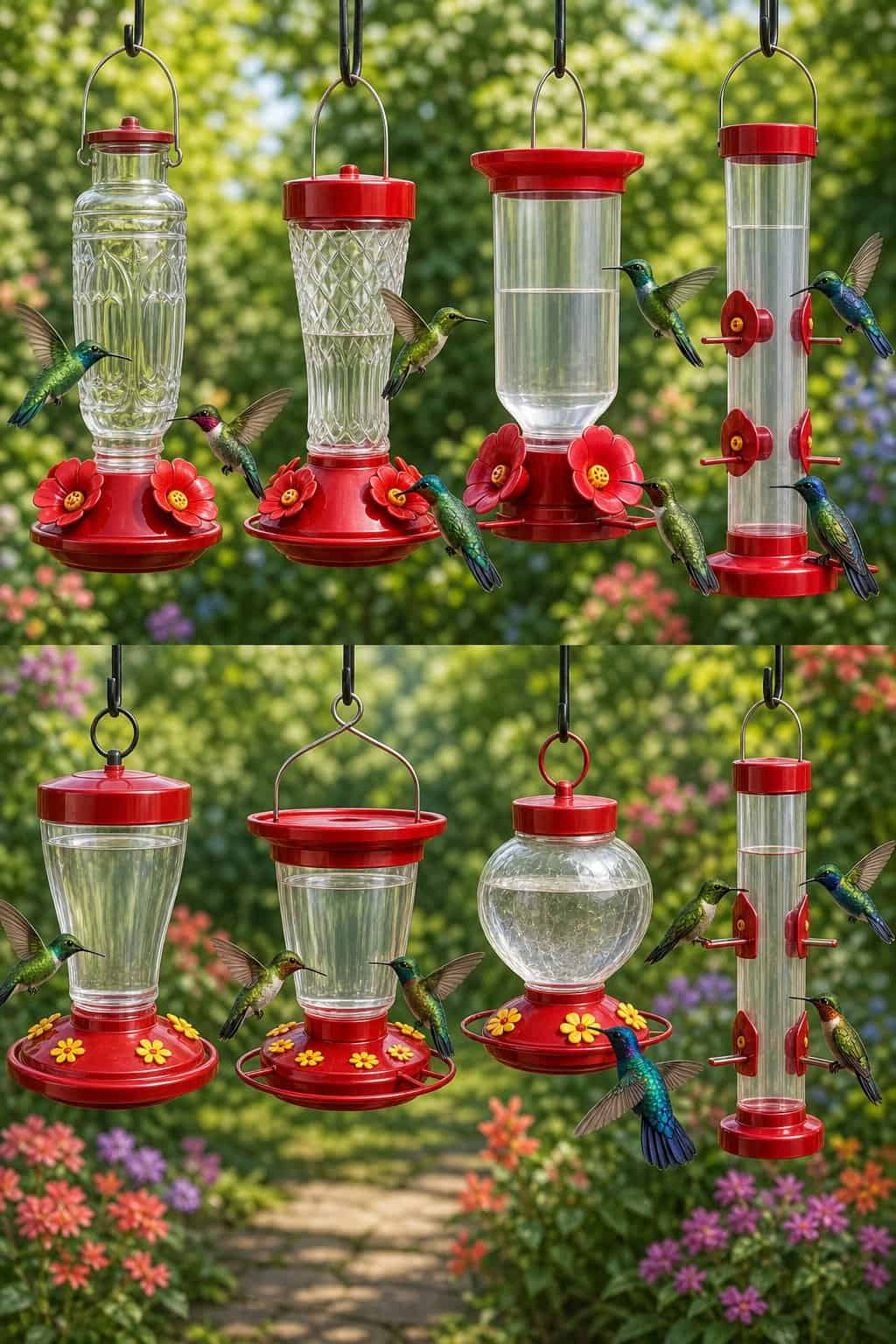 Eight different hummingbird feeders displayed outdoors with several hummingbirds hovering and feeding around them in a leafy garden setting.