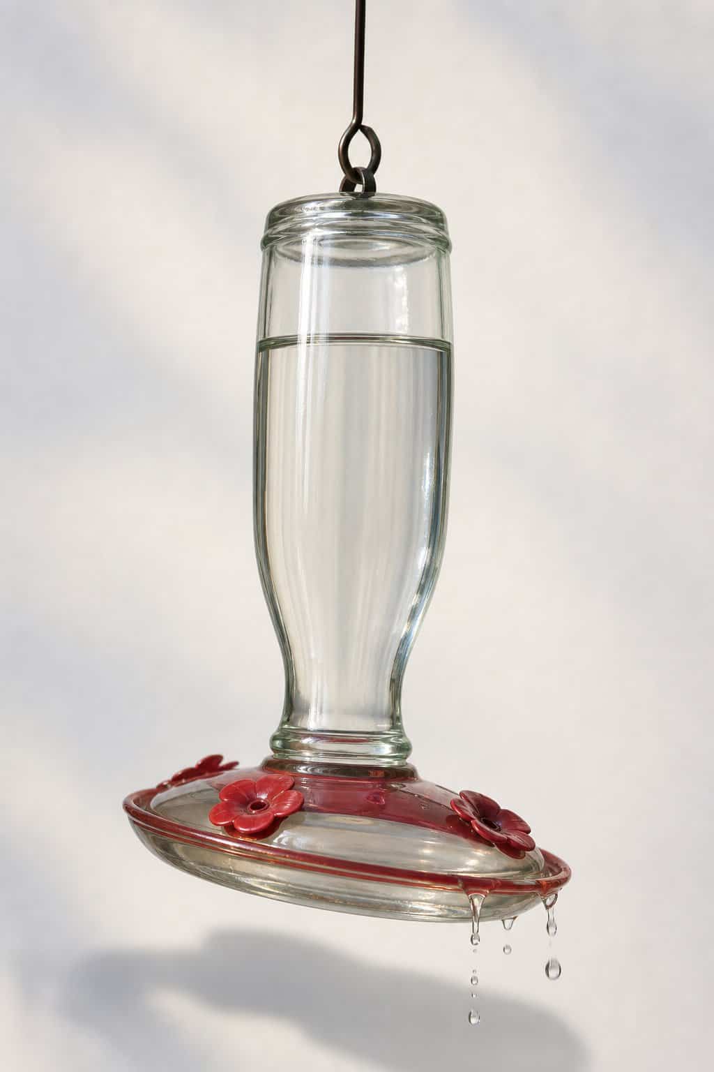 A glass bottle saucer-style hummingbird feeder tilted slightly on a metal hook, with a thin stream of nectar dripping from the bottle mouth into the shallow saucer below.