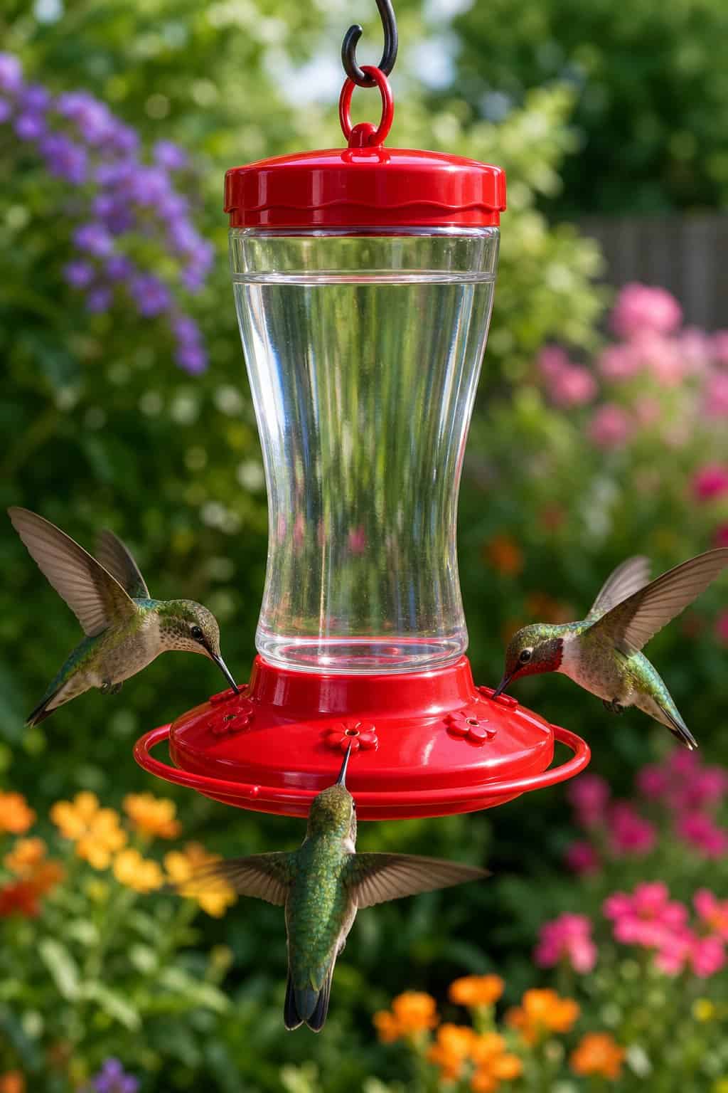 A glass hummingbird feeder with a round red base and small ant-sized feeding ports, with two hummingbirds hovering close to the ports in a garden setting.