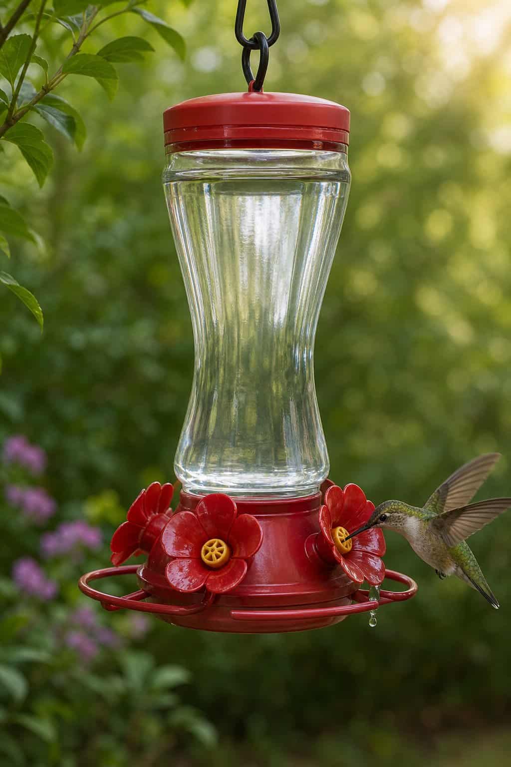 A glass hummingbird feeder hanging from a metal shepherd's hook outdoors, with a hummingbird feeding and a small droplet visible at one of the red ports.