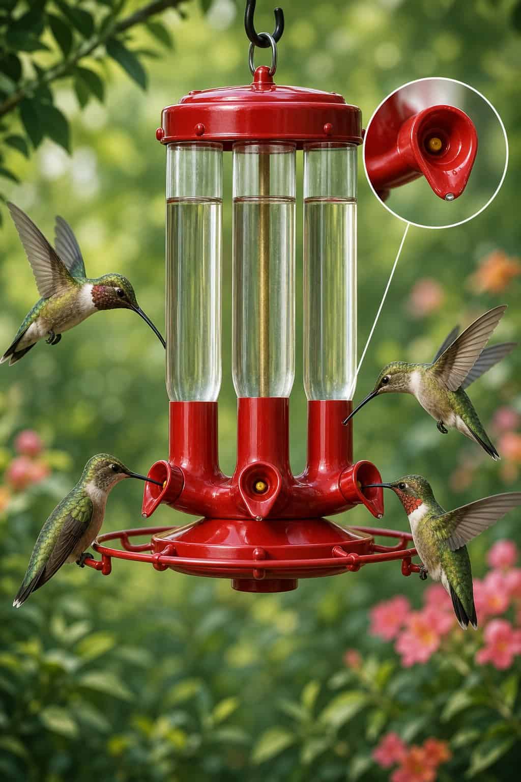 A clear glass tube hummingbird feeder with bright red ports and a small perch ring, hanging from a wooden fence post with two hummingbirds hovering at the ports.